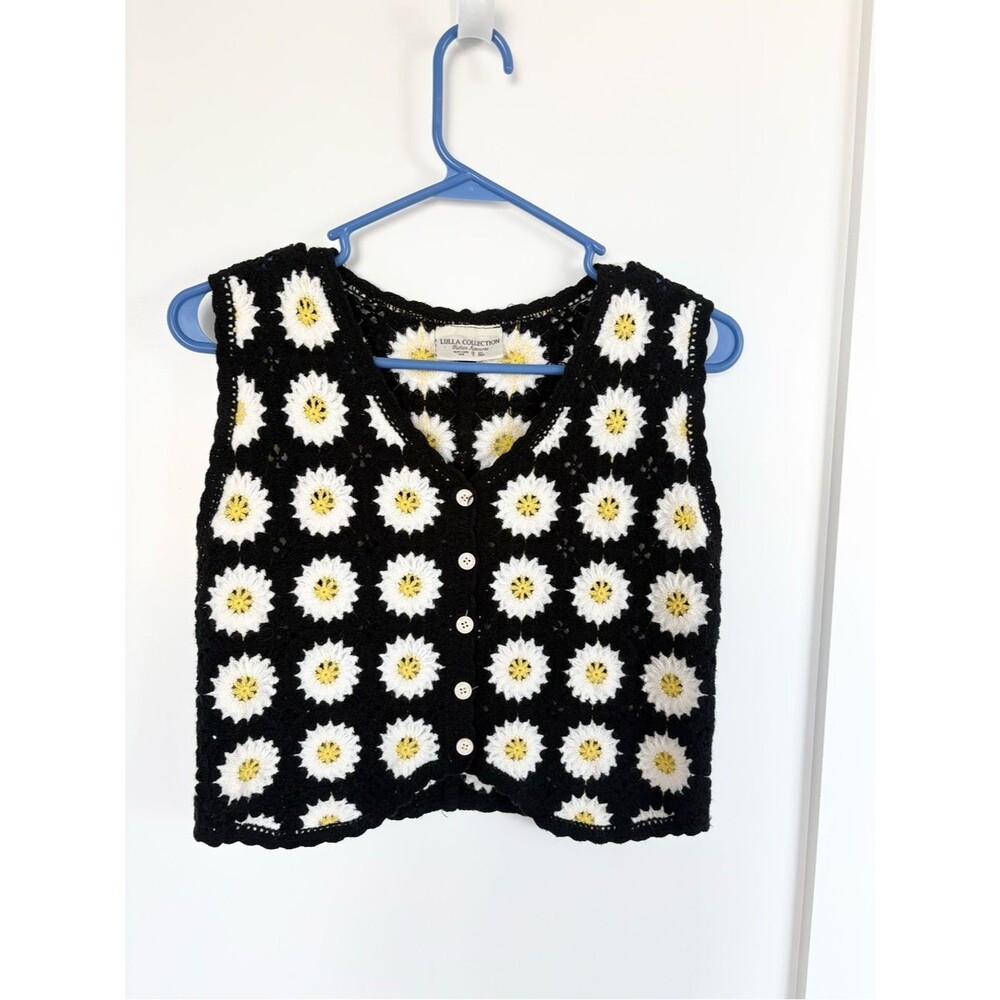 Lulla Collection Crochet yellow Granny Square Vest Boho Cottagecore Cardigan